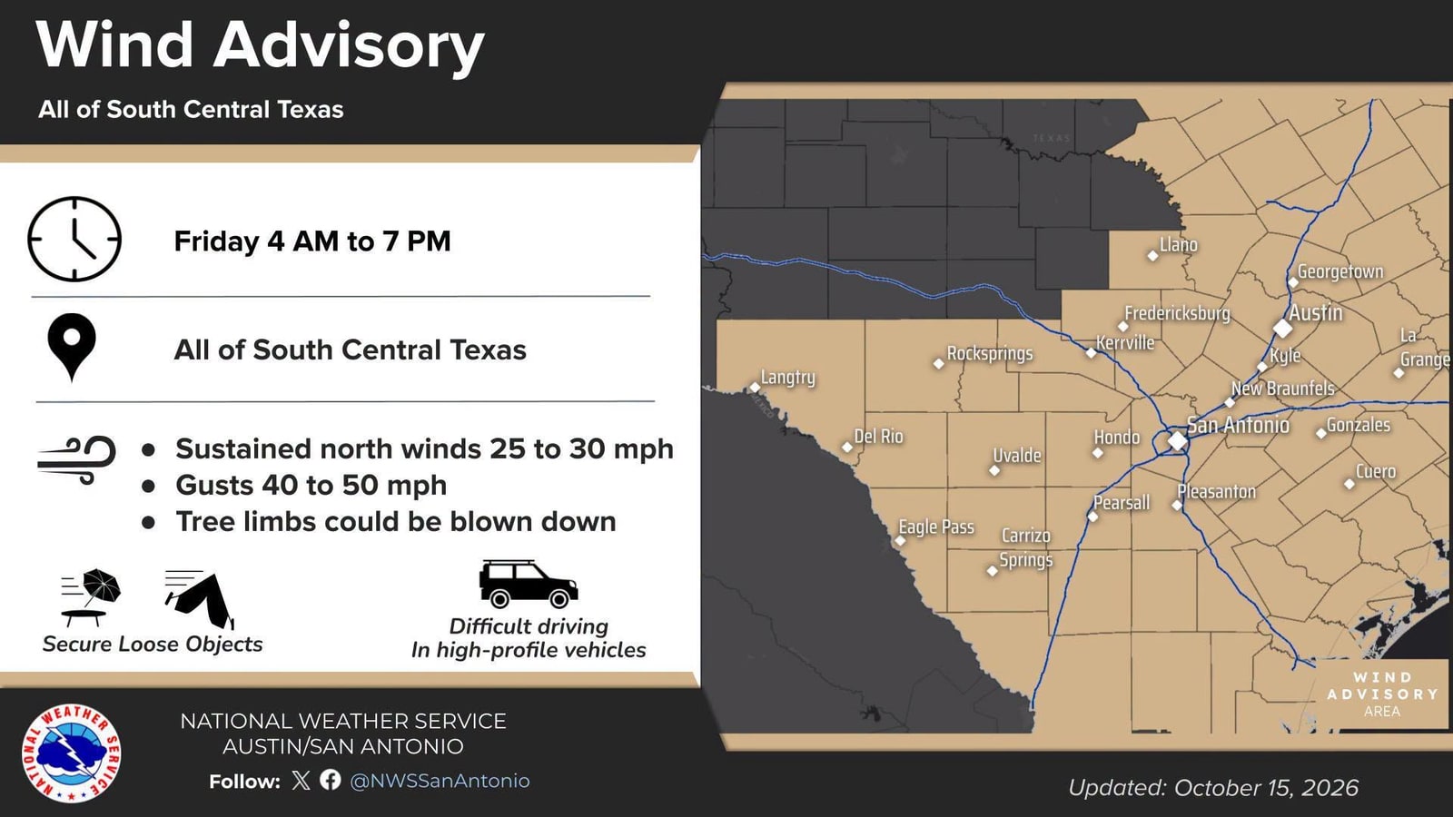 Rain Overnight with NWS Wind Advisory Starting at 4 AM Friday; 50 MPH Wind Gusts Possible